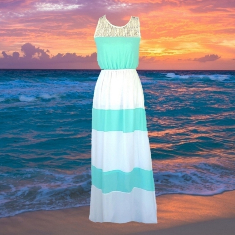 Y2K Vintage Maxi Dress Lace Bust White Turquoise Blue Color Block Dress